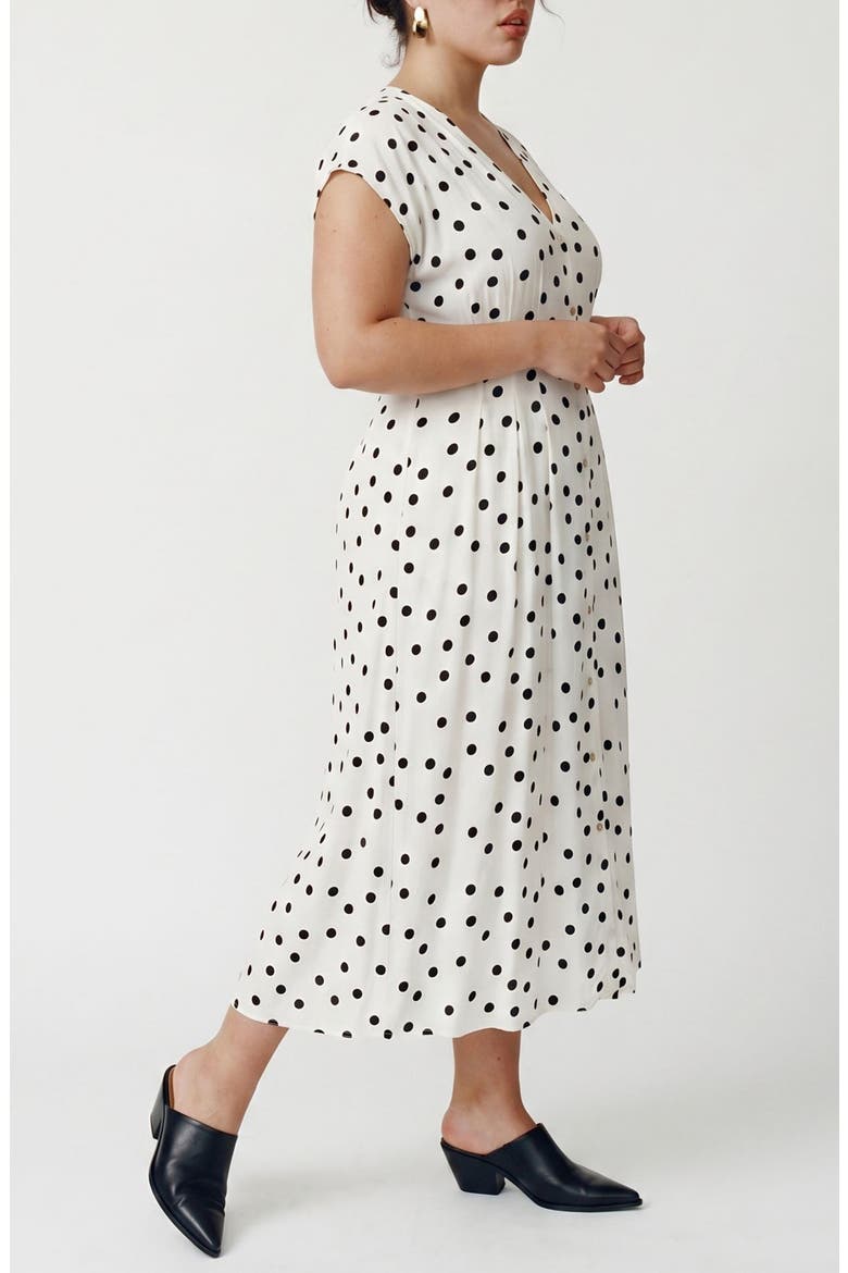 Dot Print Cap Sleeve Button Front Midi Dress, Alternate, color, SNOW WHITE/ BLACK DOT