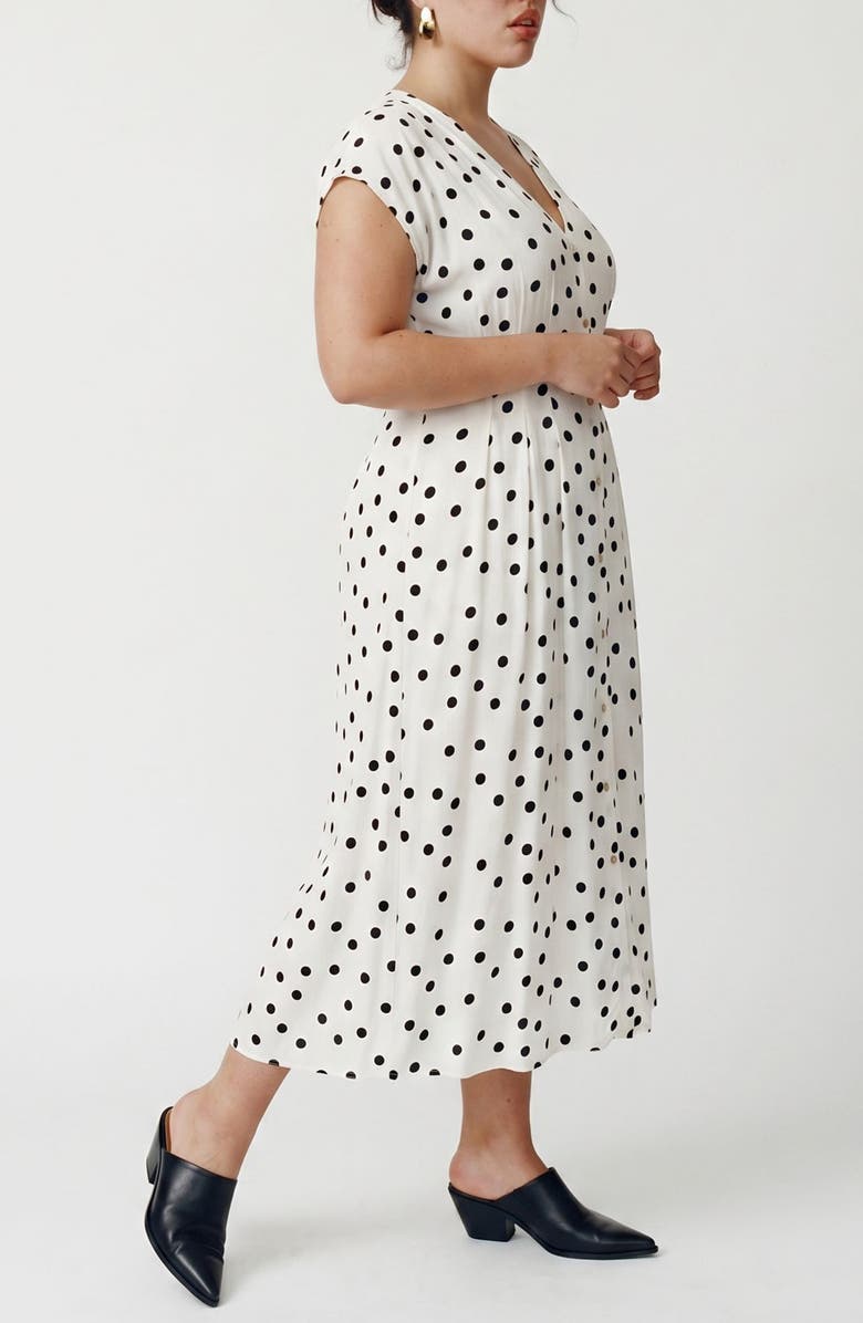 VERO MODA Dot Print Cap Sleeve Button Front Midi Dress, Alternate, color, Snow White/ Black Dot