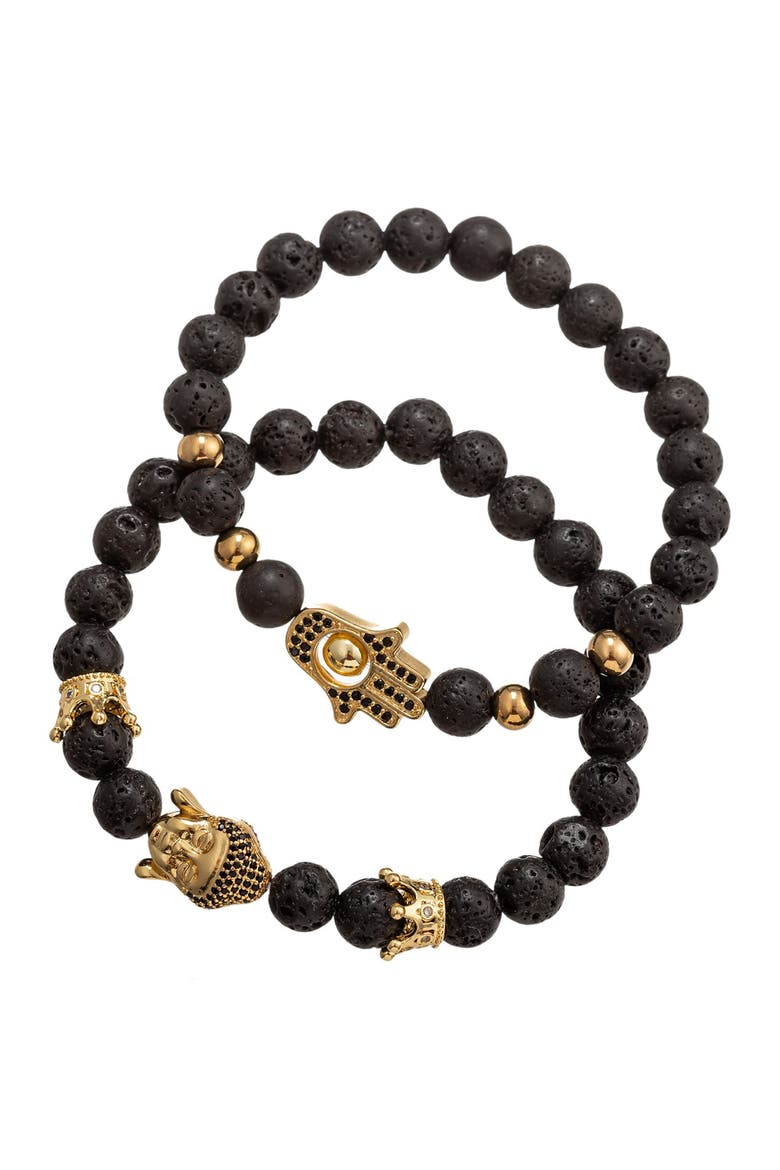 Ethan Hamsa & Buddha Lava Beaded Stretch Bracelet Set, Main, color, BLACK