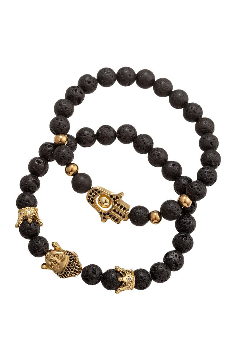EYE CANDY LOS ANGELES Ethan Hamsa & Buddha Lava Beaded Stretch Bracelet Set, Main, color, Black