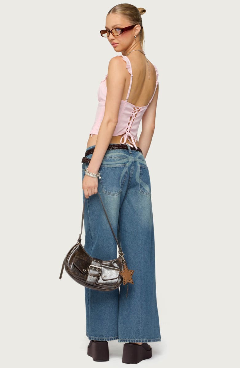 EDIKTED Vyxen Bow Print Low Rise Wide Leg Jeans, Alternate, color, Blue-Vintage-Washed