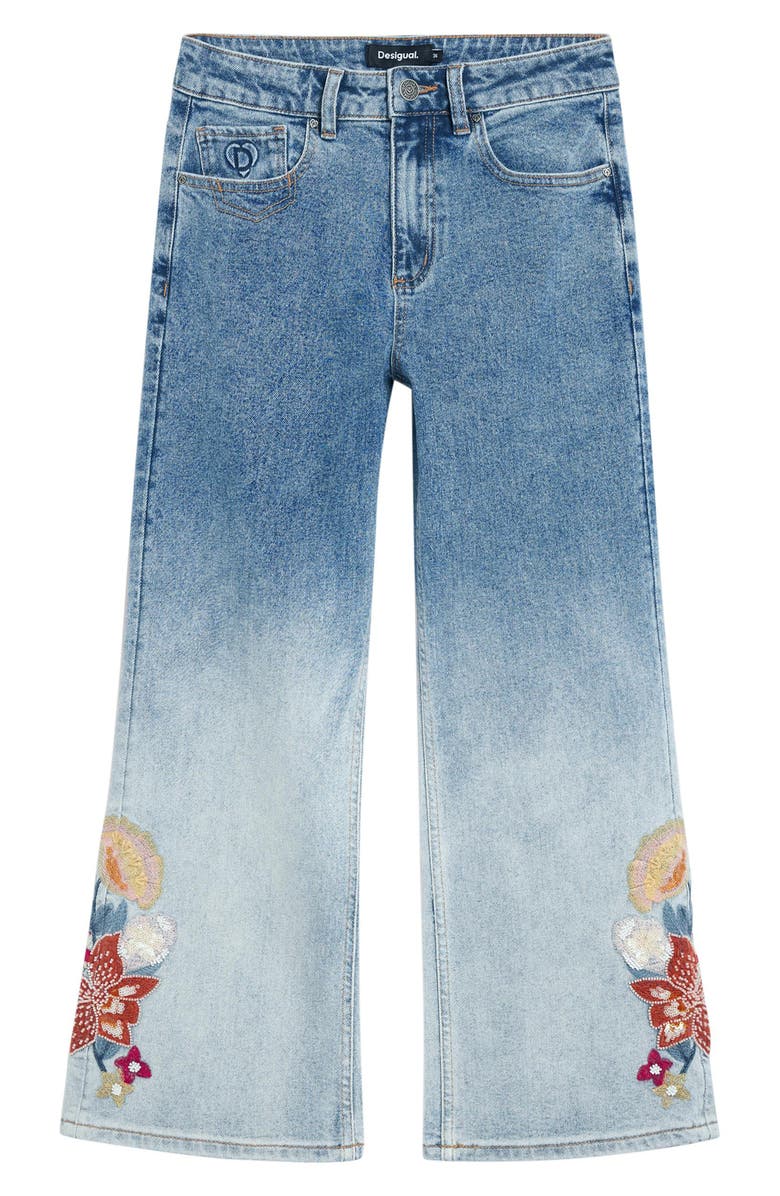 Desigual Floral Embroidered Gradient Crop Wide Leg Jeans, Alternate, color, Medium Blue