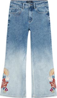 Desigual Floral Embroidered Gradient Crop Wide Leg Jeans