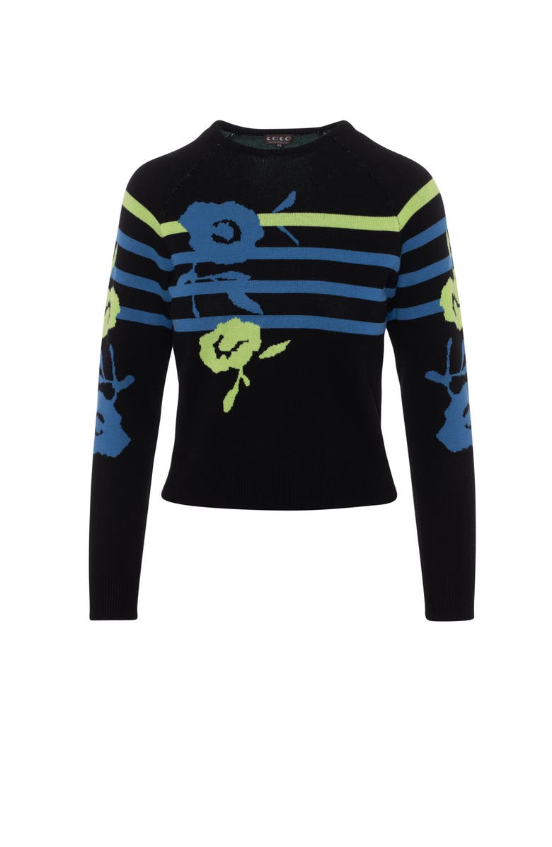 Coco Striped Knit Floral Front Long Sleeve Sweater, Main, color, Black