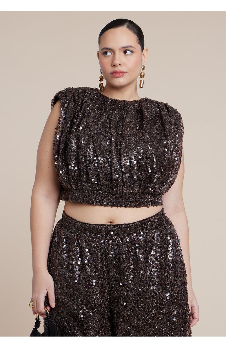 ELOQUII Sequin Strong Shoulder Top, Main, color, Dark Brown