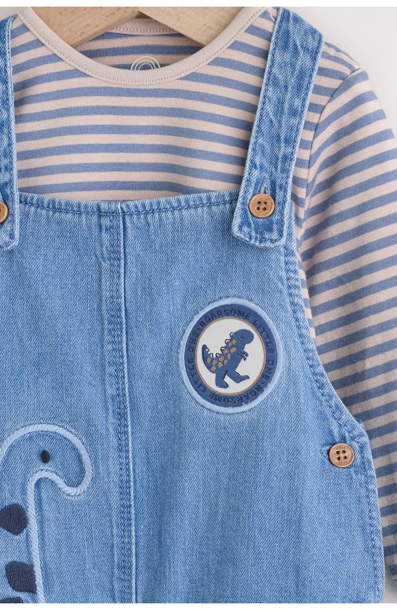 NEXT Dinosaur Denim Overalls & Stripe Top Set, Alternate, color, Blue