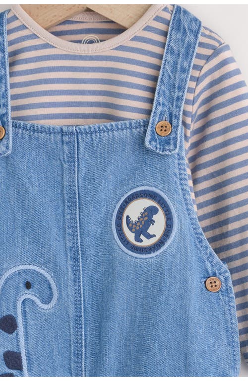 Next Dinosaur Denim Overalls & Stripe Top Set In Blue