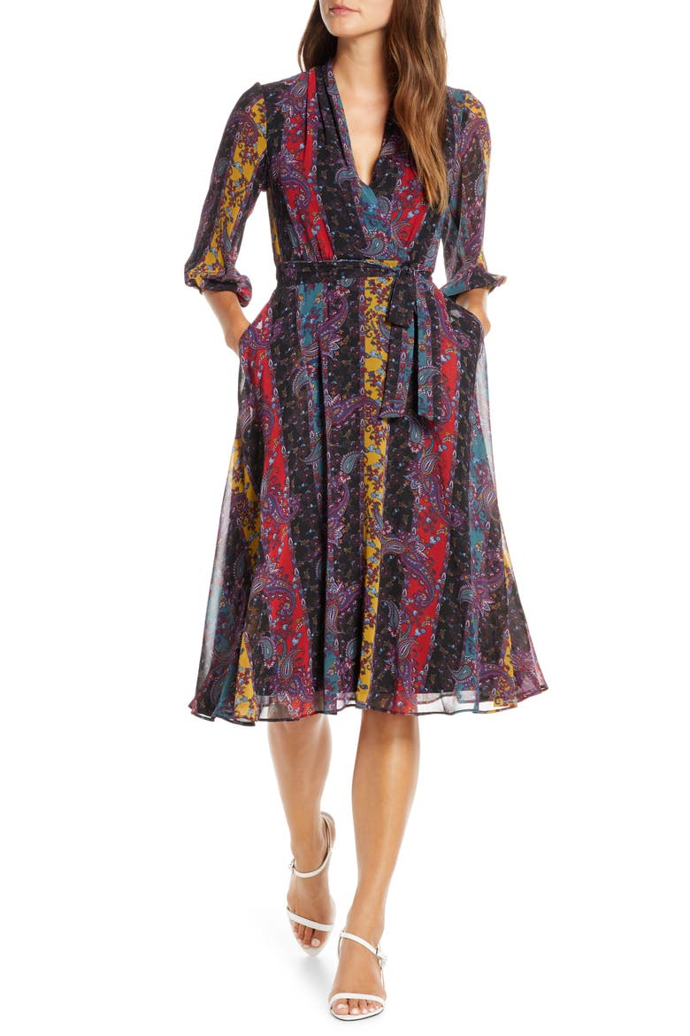 Stripe Paisley Chiffon Faux Wrap Dress, Main, color, RED/ BLACK/ TEAL
