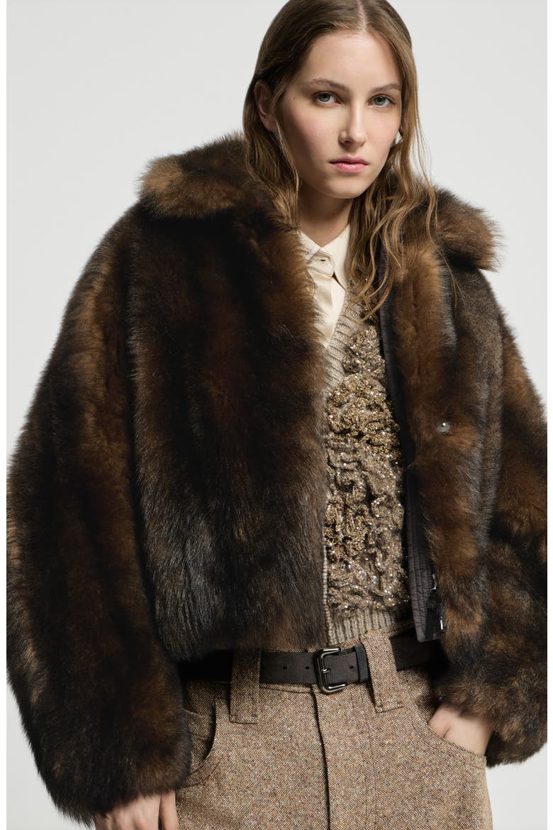 Soft shearling outerwear jacket with shiny zipper pull, Alternate, color, Pine Cone Brown