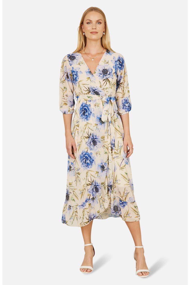 3/4 Sleeve V-Neck Wrap Midi Dress, Main, color, Cream
