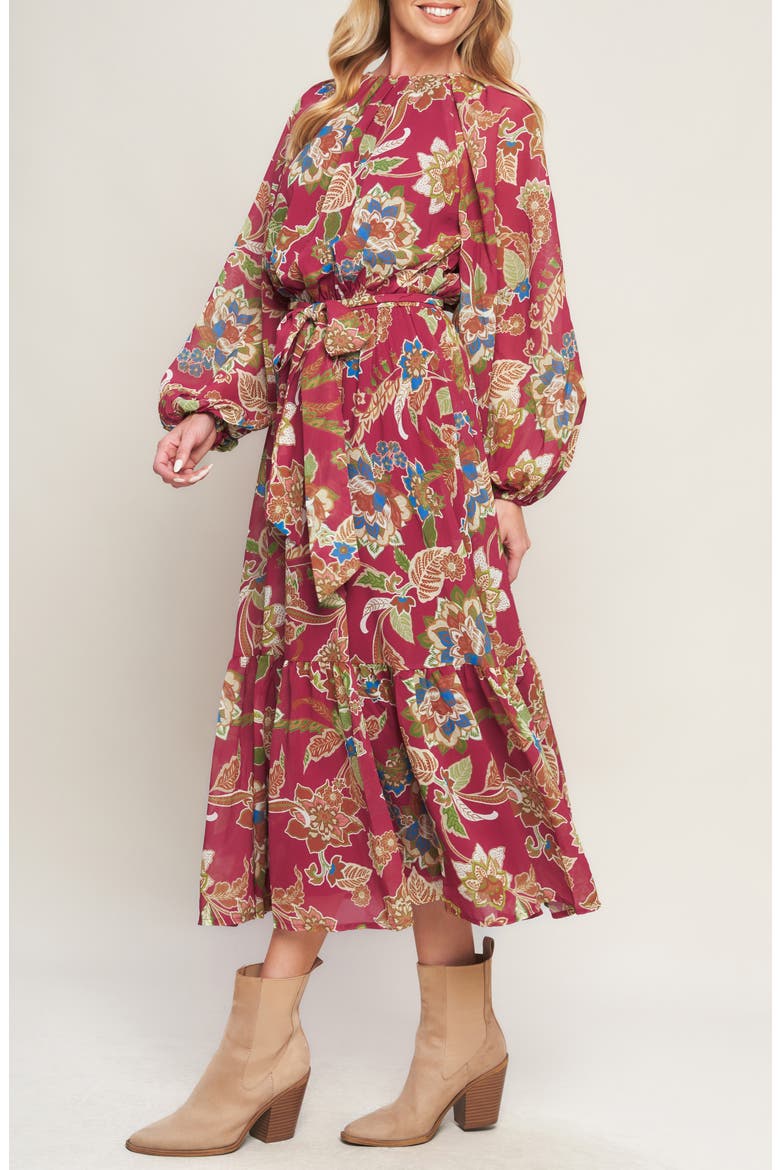 Print Long Sleeve Maxi Dress, Alternate, color, MERLOT