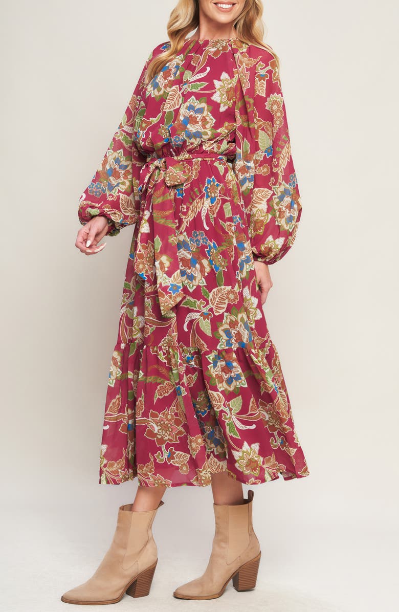 FLYING TOMATO Print Long Sleeve Maxi Dress, Alternate, color, Merlot