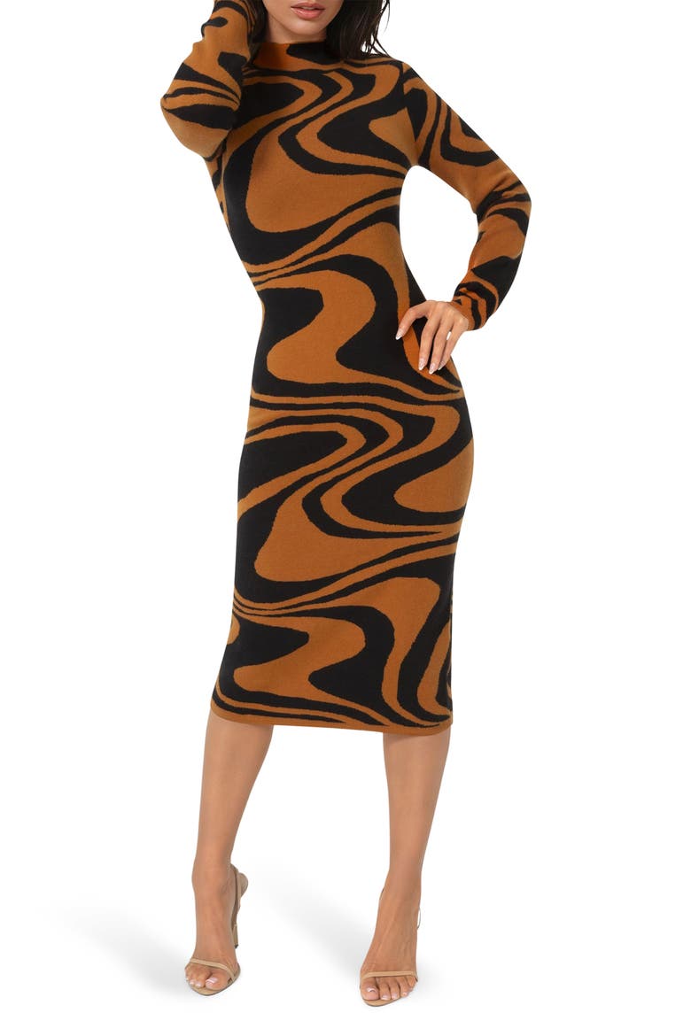 Jacquard Mock Neck Sweater Midi Dress, Main, color, BROWN/ BLACK