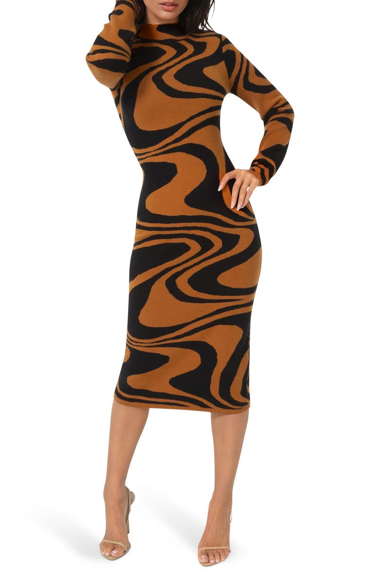 bebe Jacquard Mock Neck Sweater Midi Dress, Main, color, Brown/ Black