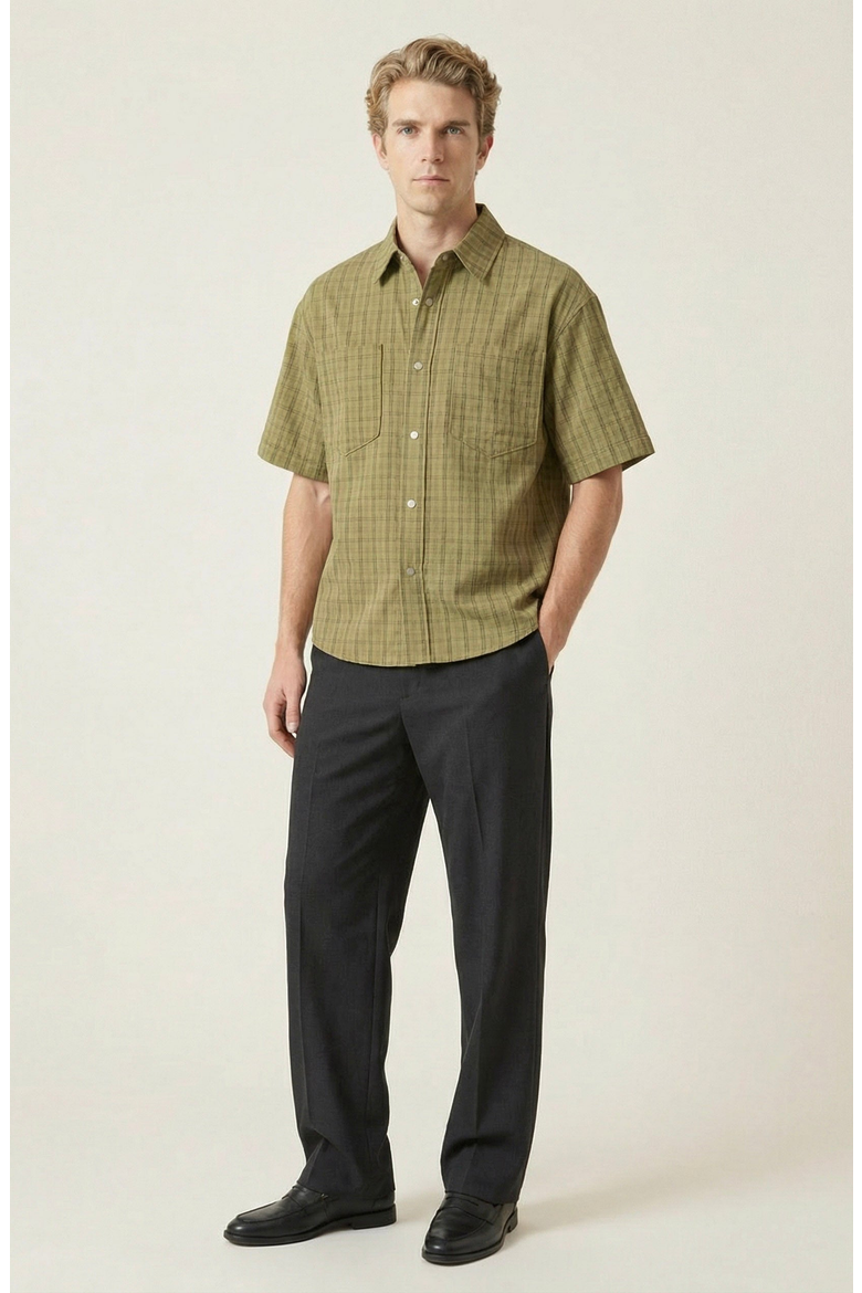 Plaid Short Sleeve Shirt, Alternate, color, Olive Green
