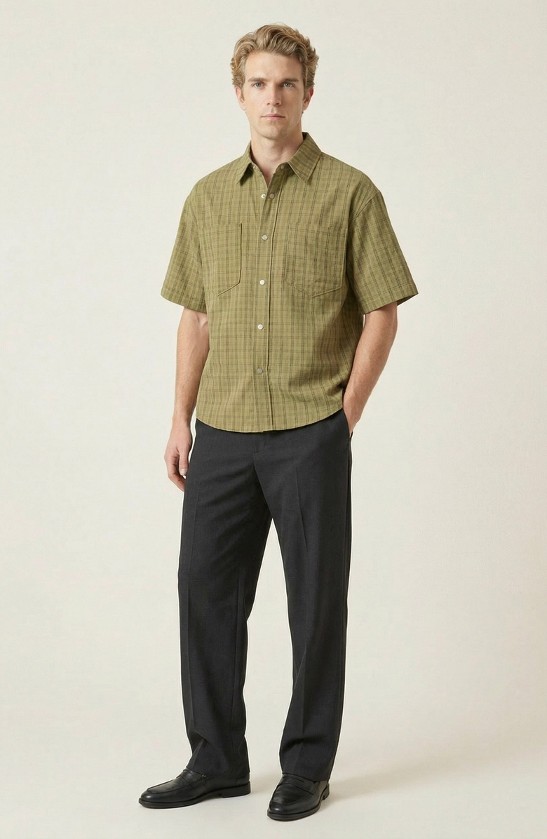 Modenaire Plaid Short Sleeve Shirt, Alternate, color, Olive Green