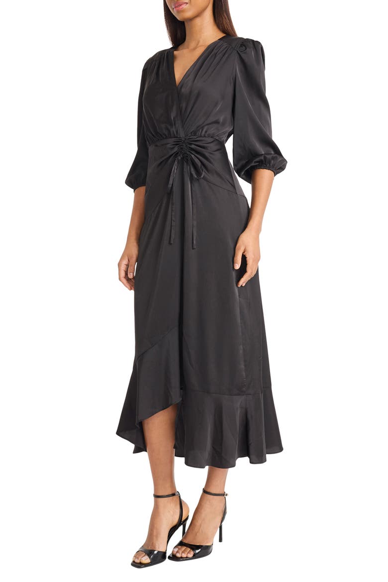 Front Tie Satin Midi Dress, Alternate, color, BLACK