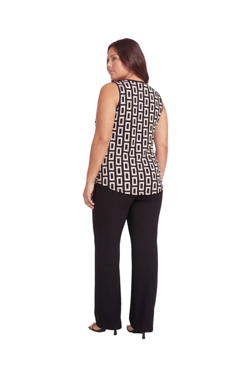 24seven Comfort Apparel Curvy Essential Geometric Print V-Neck Sleeveless Round Hem Top and Elastic Waist Flared Pant Set, Alternate, color, Black Multi