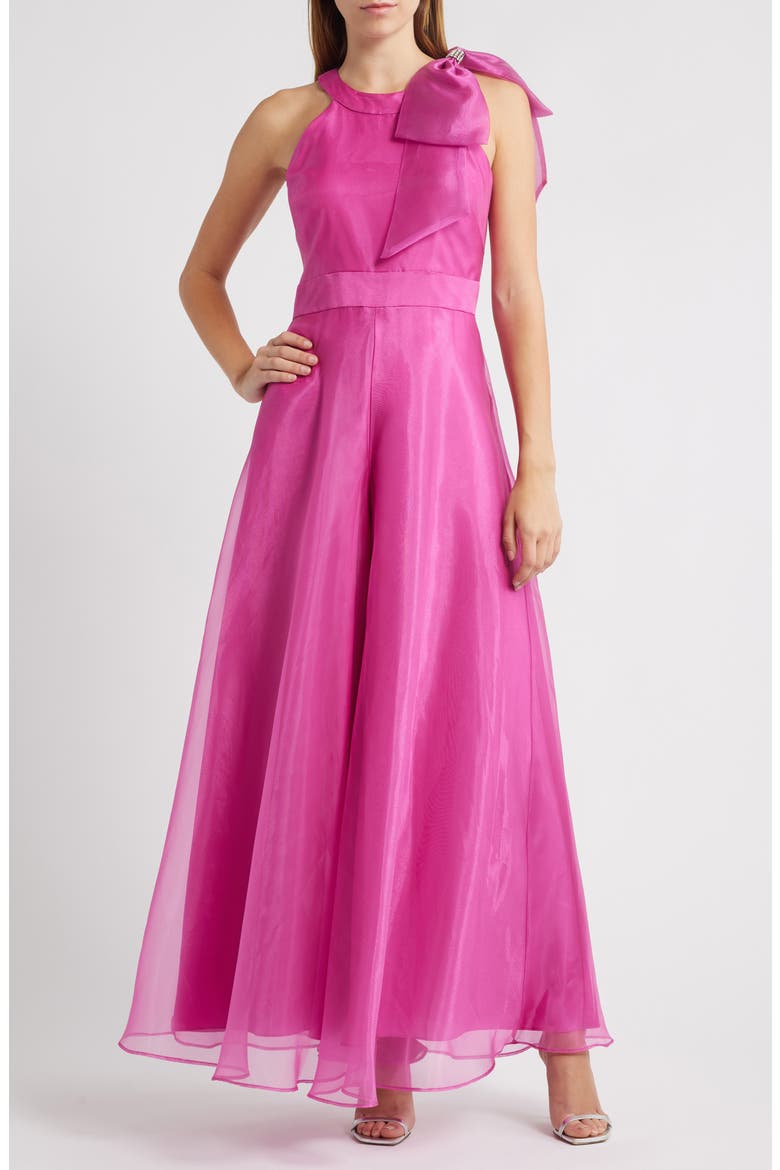 Bow Detail One-Shoulder Taffeta Jumpsuit, Main, color, FUCHSIA