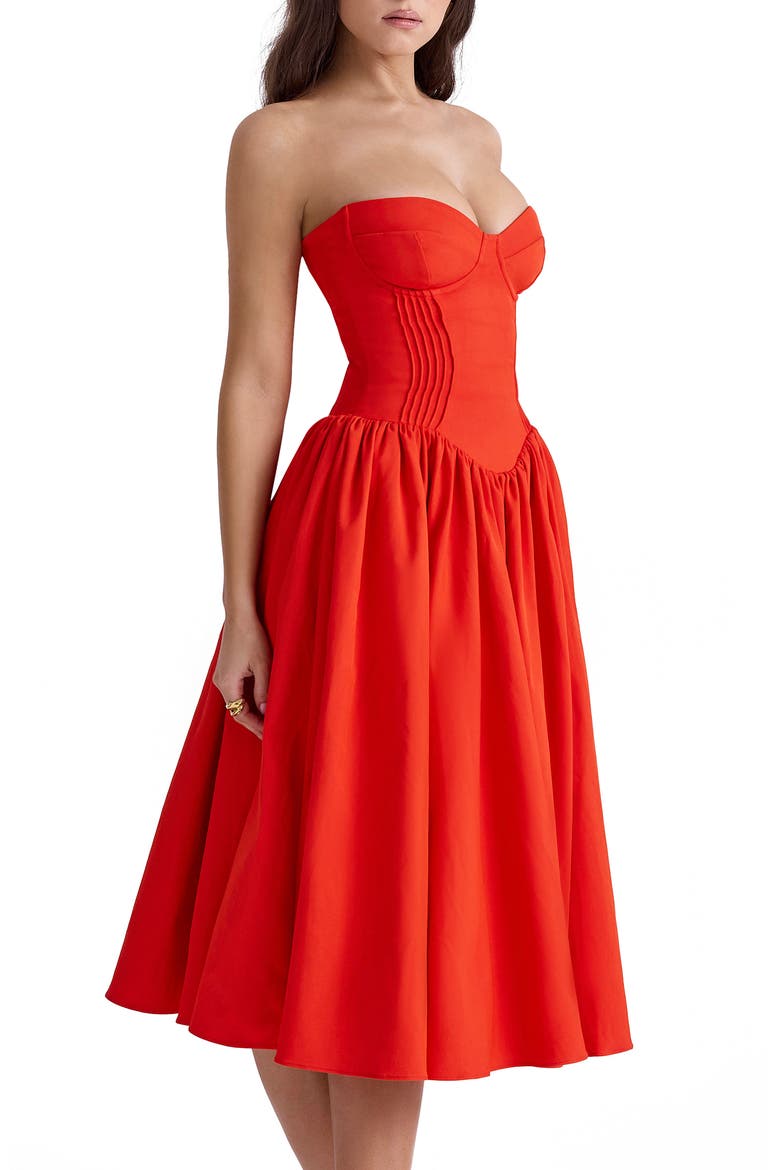 Elizabeth Strapless Corset Fit & Flare Midi Dress, Alternate, color, FLAME SCARLET