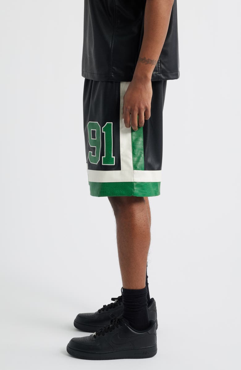 CRIMINAL DAMAGE Stadium Faux Leather Shorts, Alternate, color, Black/Green/White