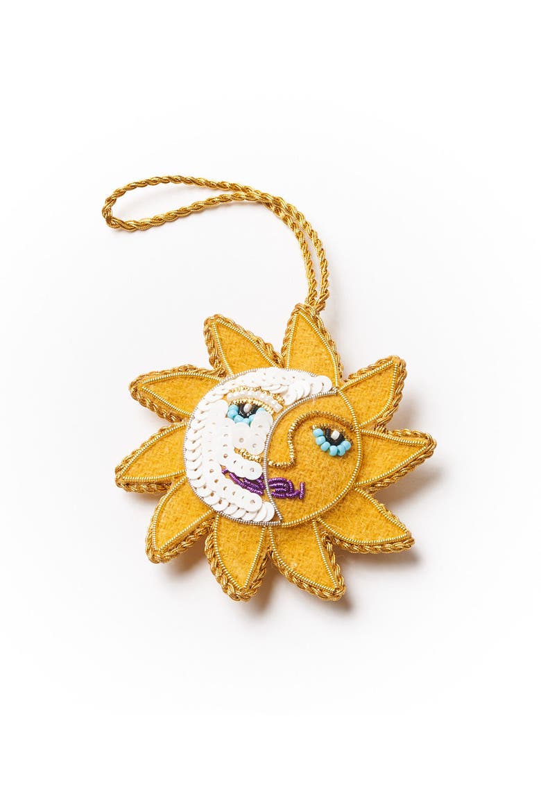 Larissa Plush Sun Moon Felt Ornament - Hand Embroidered, Main, color, Yellow