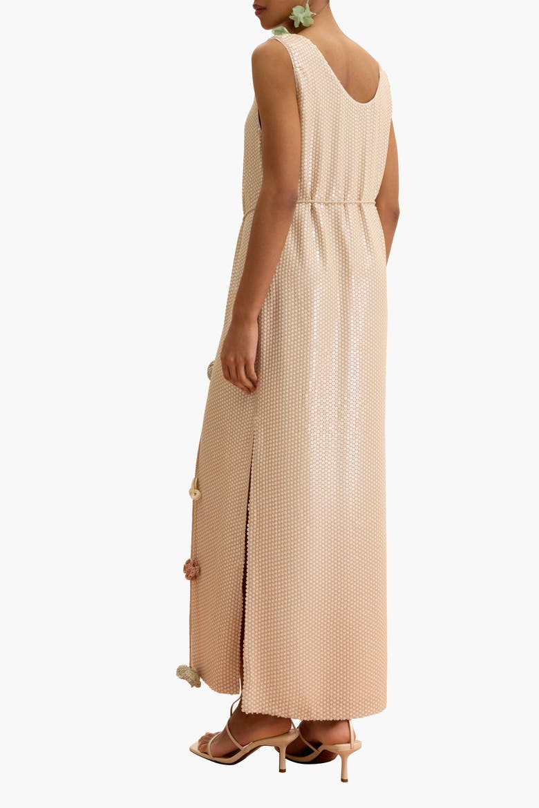 Sleeveless Sequin Maxi Dress With Floral Tassels, Alternate, color, Beige