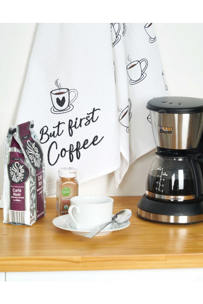 Coffee Cups Embroidered Cotton Flour Sack Kitchen Towel, Alternate, color, White