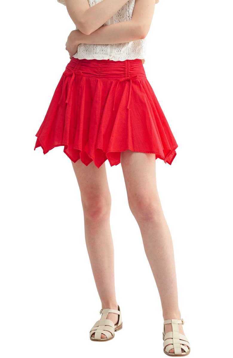 All in Favor Cinched Waist Handkerchief Hem Cotton Miniskirt, Main, color, Red