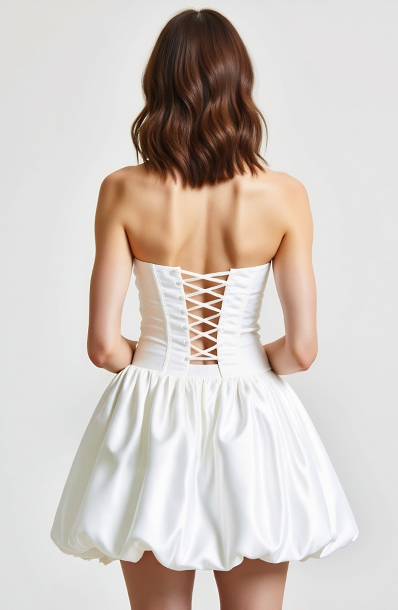 Modenaire Strapless Bubble Skirt Corset Mini Dress with 3D Floral Accent, Alternate, color, White