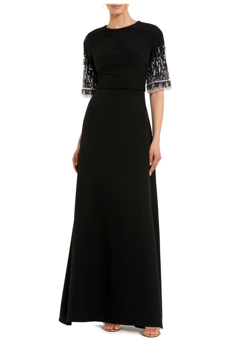 Mac Duggal Crepe A Line Gown With Beaded 3/4 Sleeves, Main, color, Black