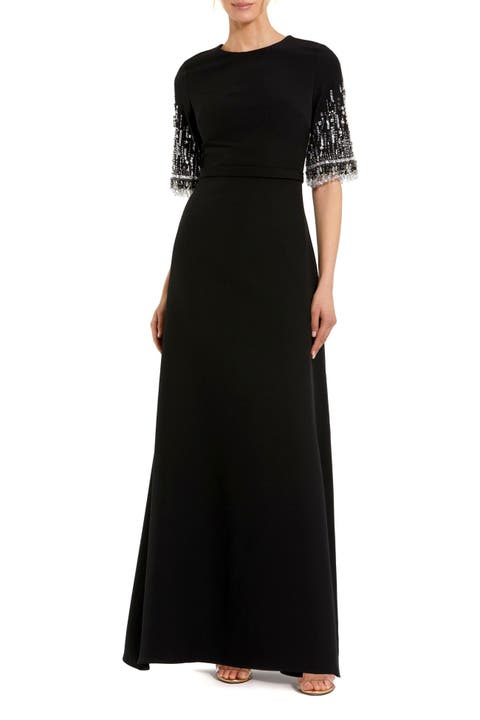 Crepe A Line Gown With Beaded 3/4 Sleeves
