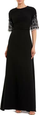 Mac Duggal Crepe A Line Gown With Beaded 3/4 Sleeves