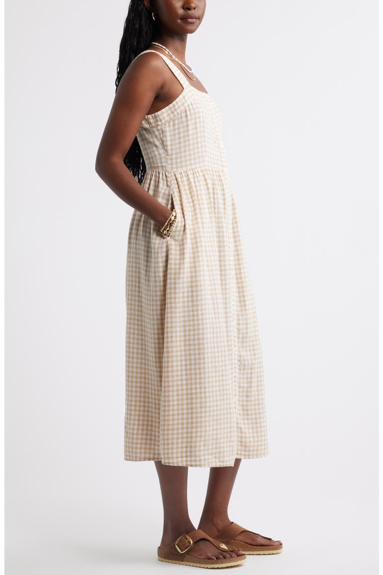 Checkered Button Front Midi Dress, Alternate, color, TAN SHORE- WHITE GINGHAM