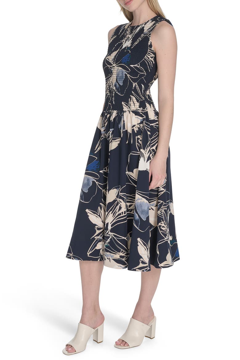 Floral Sleeveless Smocked Fit & Flare Midi Dress, Alternate, color, INDIGO MULTI