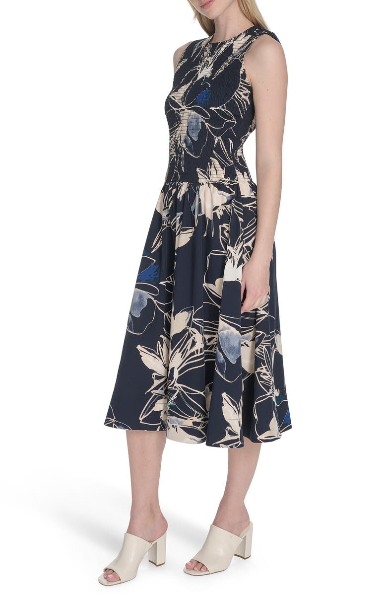 Calvin Klein Floral Sleeveless Smocked Fit & Flare Midi Dress, Alternate, color, Indigo Multi