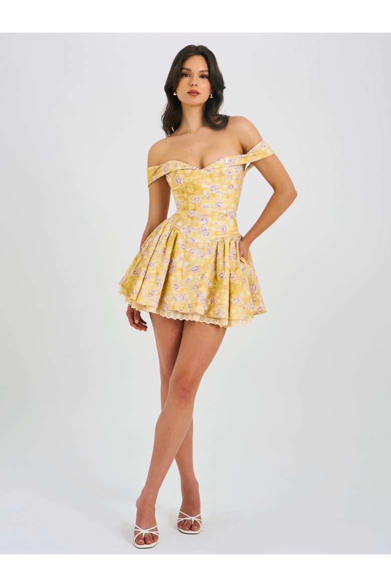 Oana Floral Print Linen Collared Off Shoulder Mini Dress, Alternate, color, Floral print