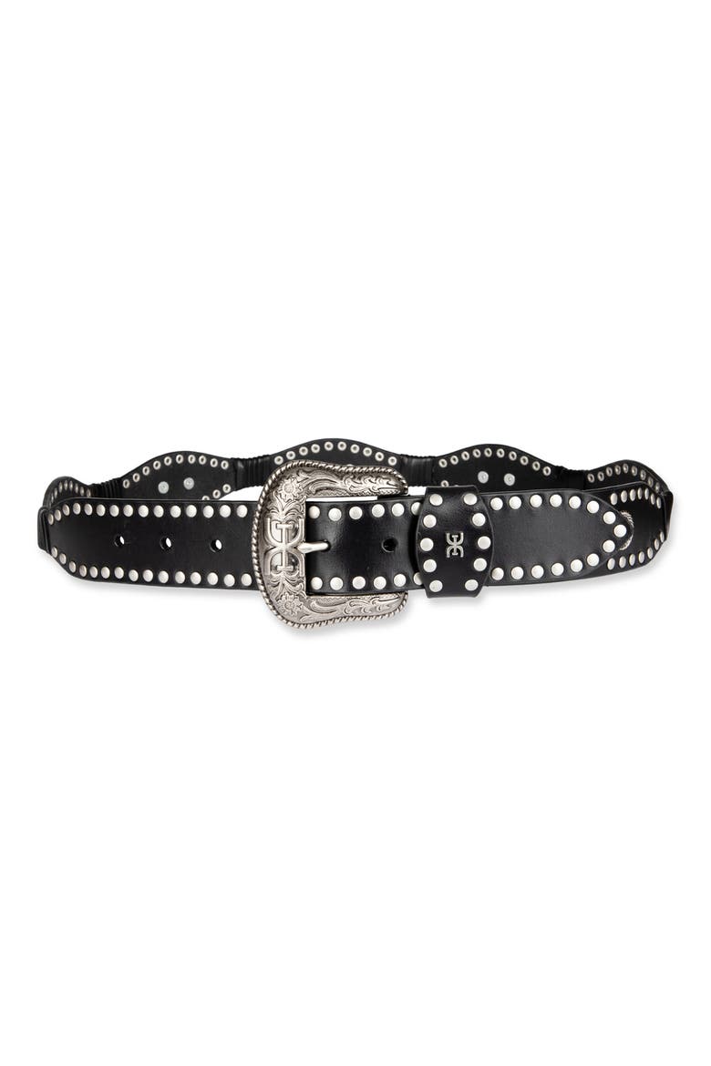 Studded Scallop Leather Belt, Main, color, BLACK