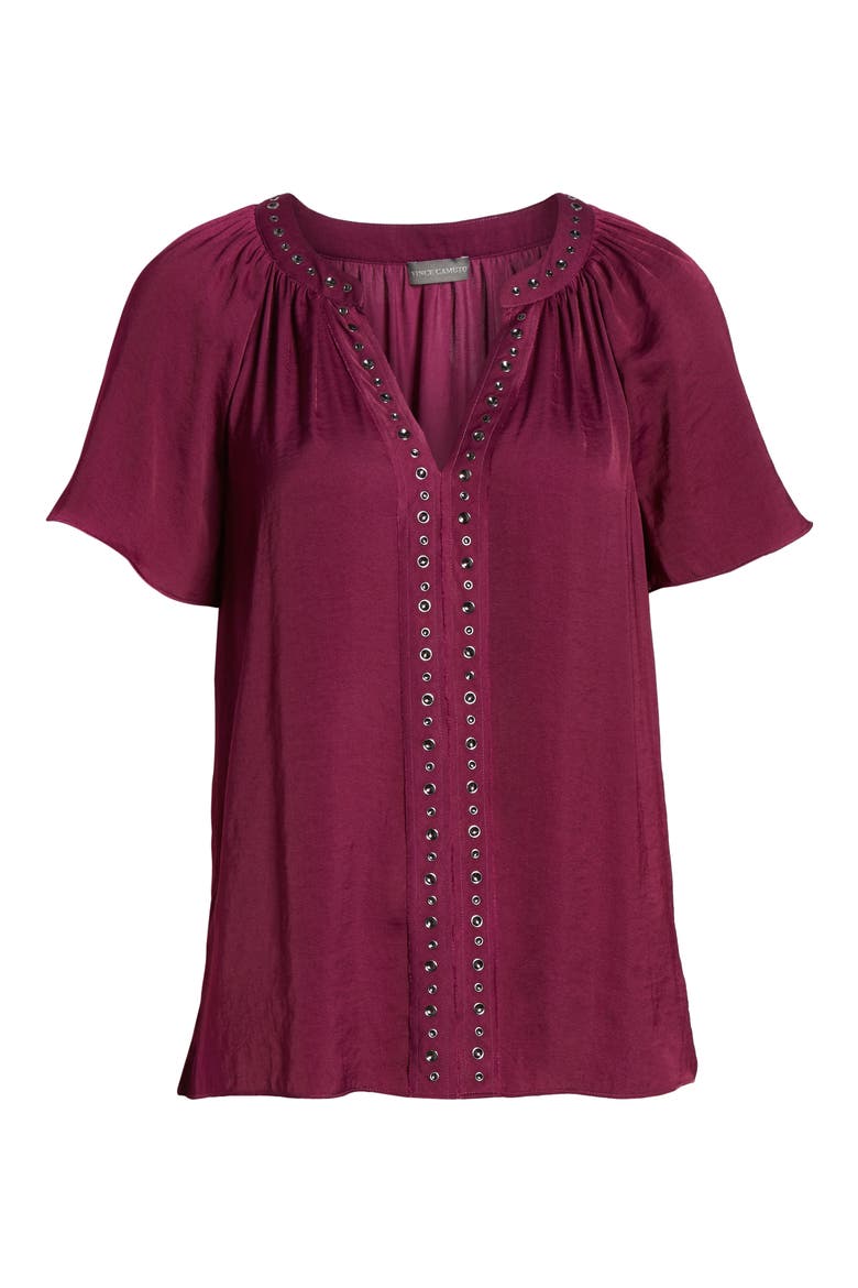 Stud Trim Hammered Satin Blouse, Alternate, color, PLUM NOIR
