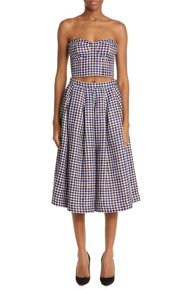 Carolina Herrera Strapless Check Tweed Crop Top, Alternate, color,