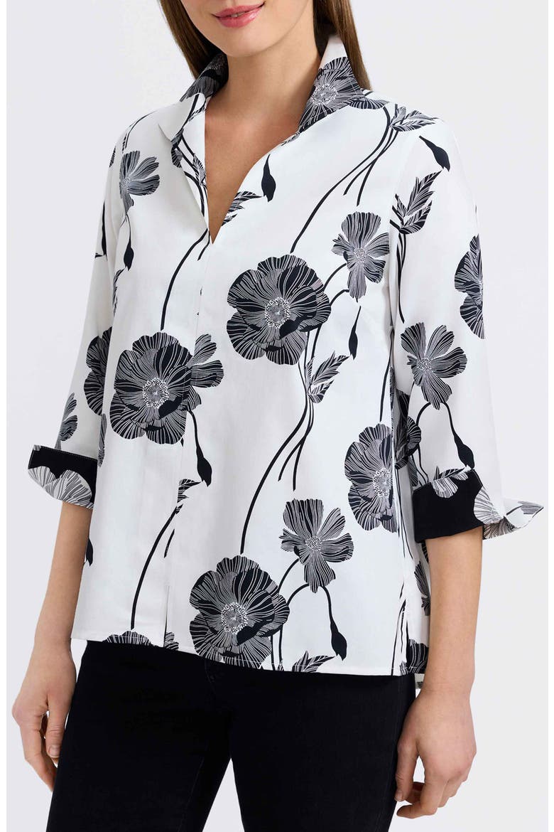 Agnes Poppy Print Three-Quarter Sleeve Popover Top, Main, color, WHITE/ BLACK