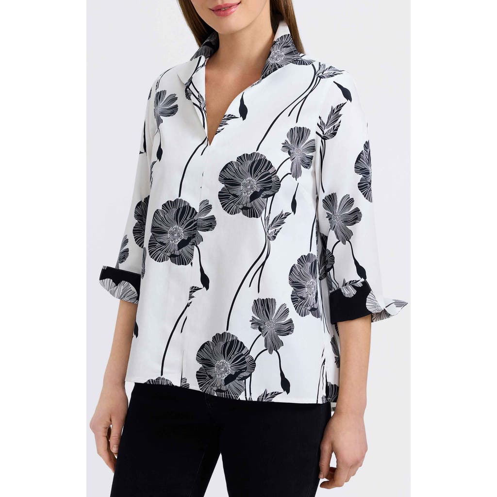 Foxcroft Agnes Poppy Print Three-quarter Sleeve Popover Top