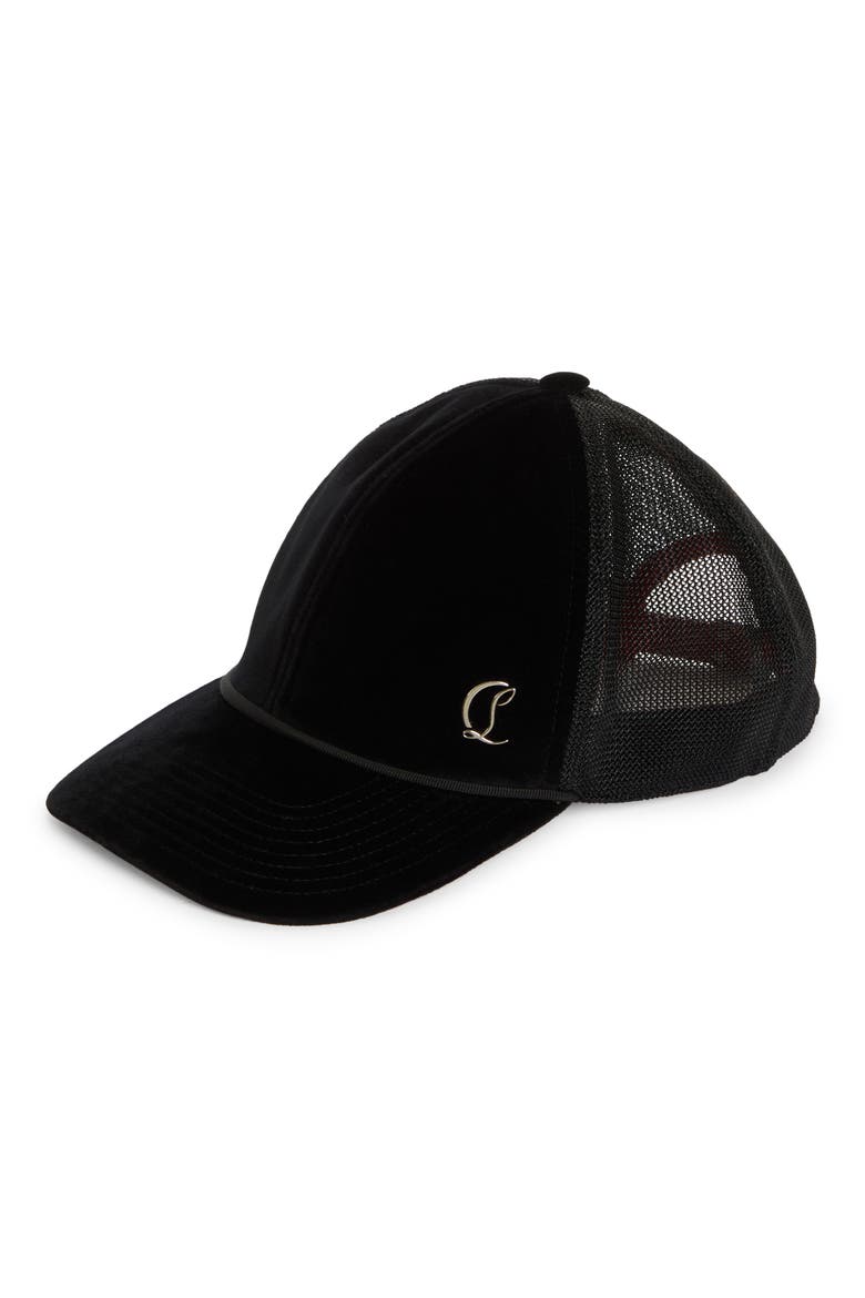 Aliochitto Monogram Logo Velvet Trucker Hat, Main, color, BLACK