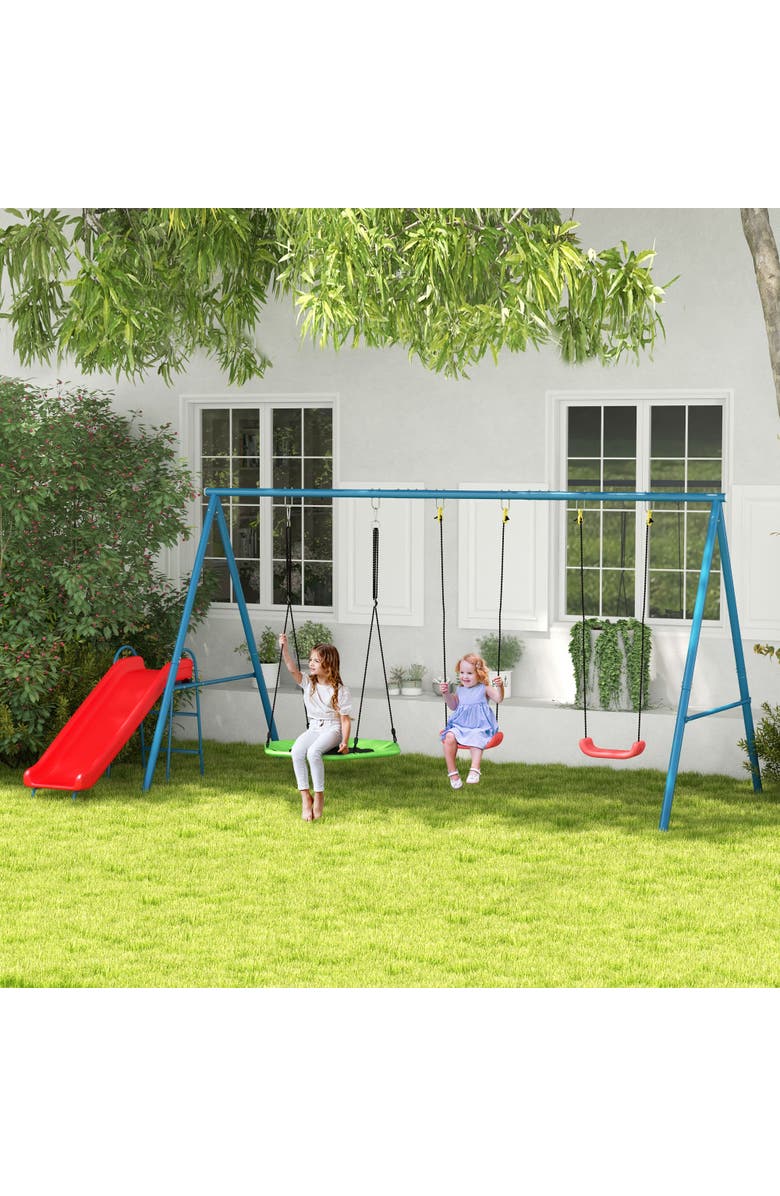 Outsunny 3-in-1 Metal Backyard Swing Set with Nest Swing, 2 Seats, 1 Slide A-Frame Heavy Duty 352 lbs Capacity, Alternate, color, 