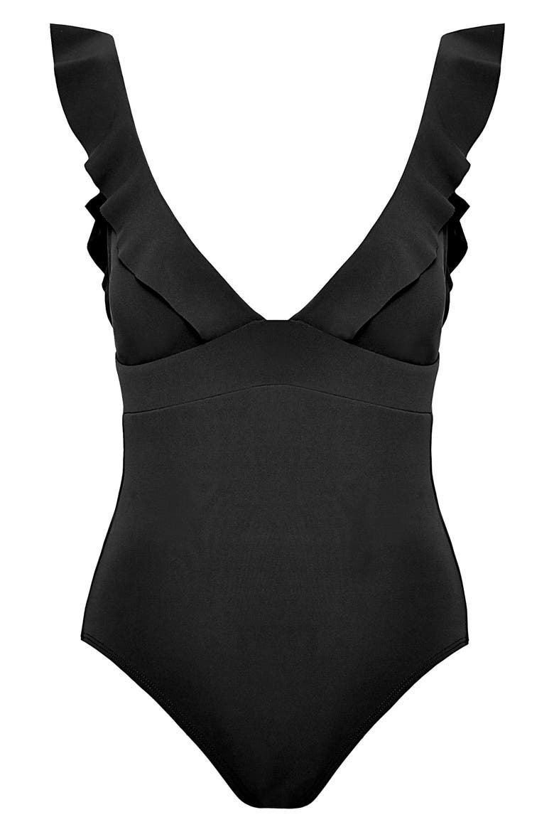 Ruffle One-Piece Swimsuit, Alternate, color, BLACK