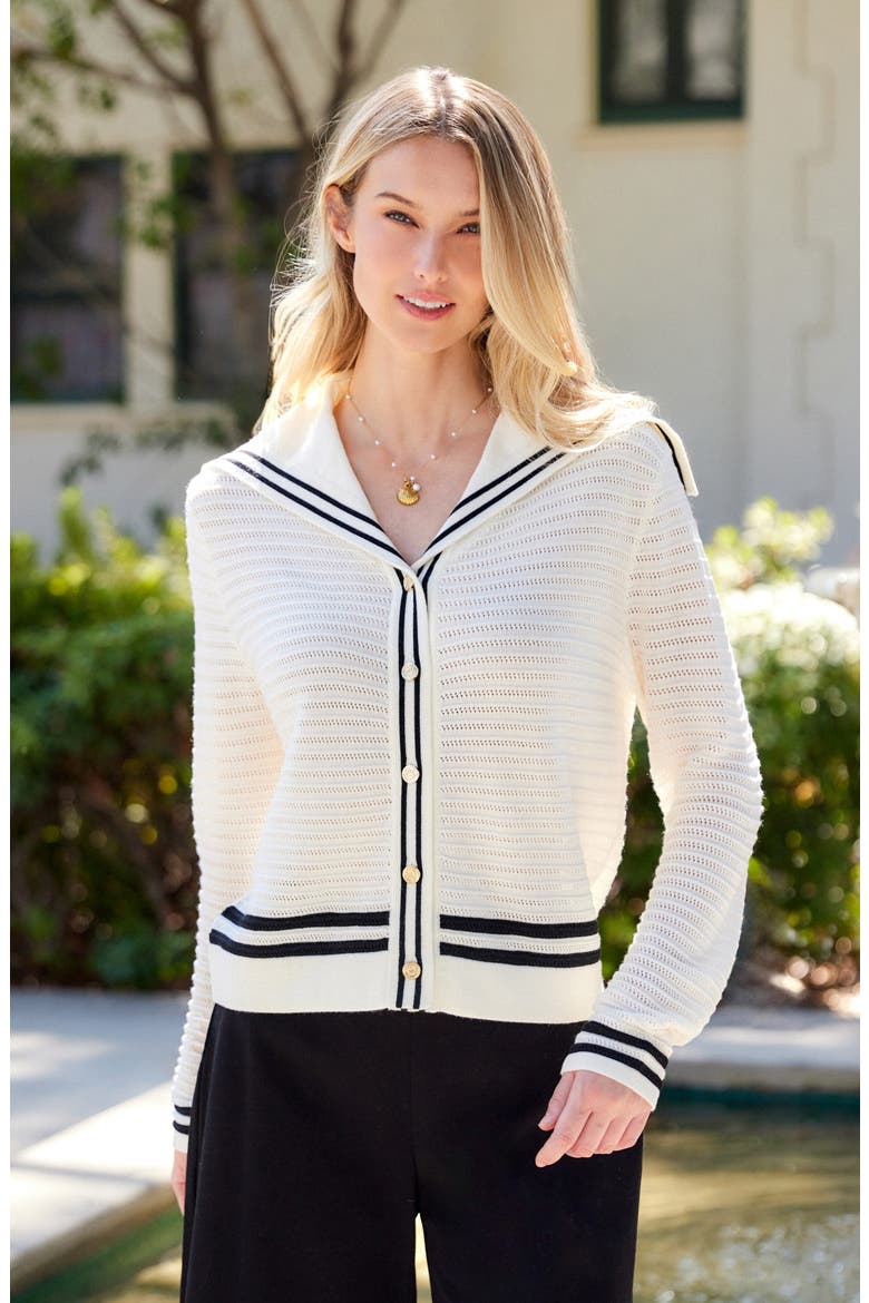 Stripe Sailor Collar Cardigan, Alternate, color, OFF WHITE W/ BLACK