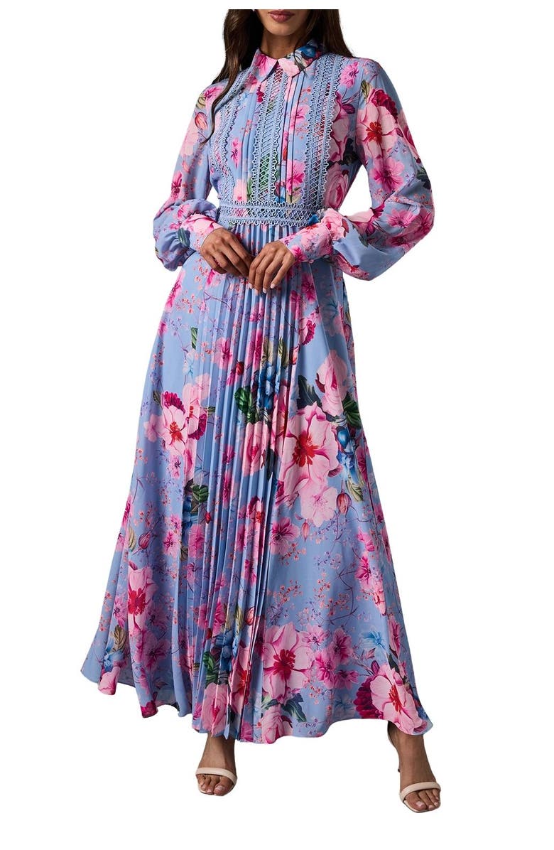 Coast Pleated Lace Trim Long Sleeve Midi Dress, Alternate, color, Blue