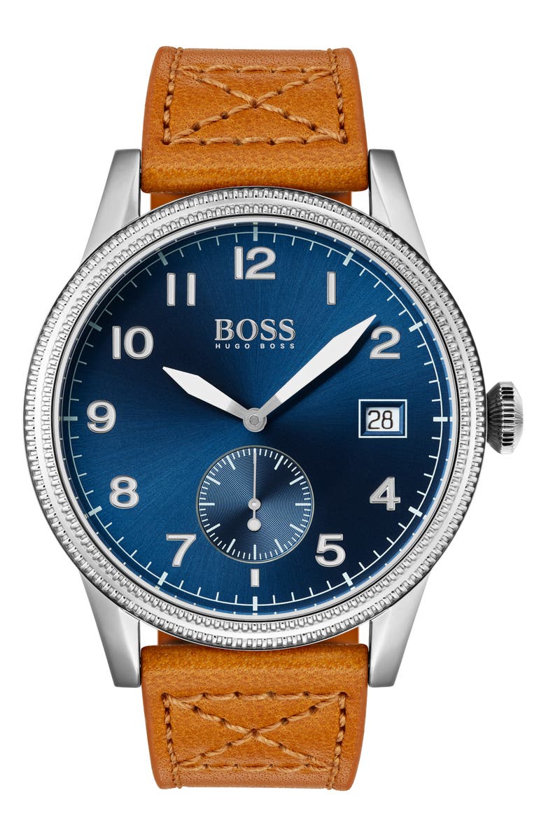 BOSS Legacy Round Leather Strap Watch, 44mm, Main, color, 