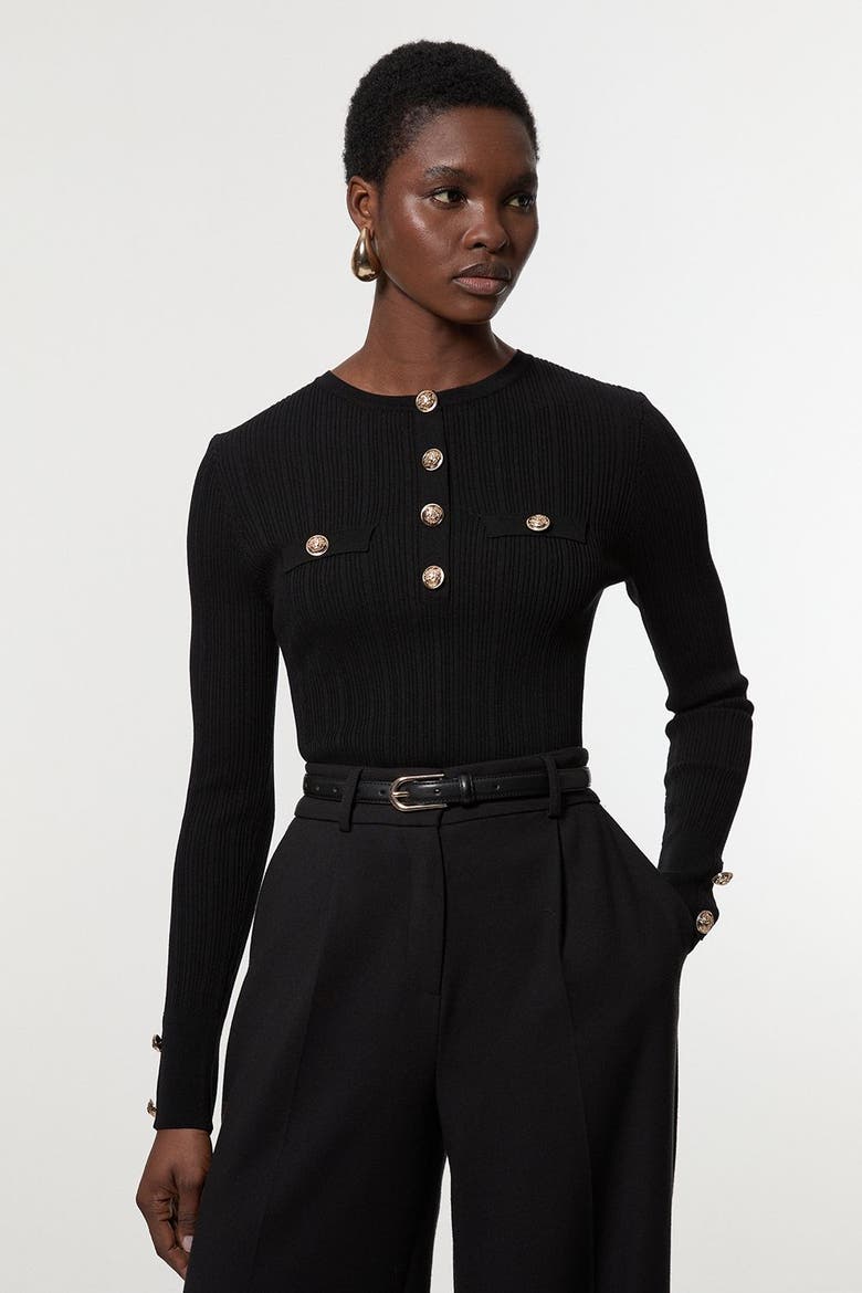 Military Trim Rib Long Sleeve Knit Top, Alternate, color, Black
