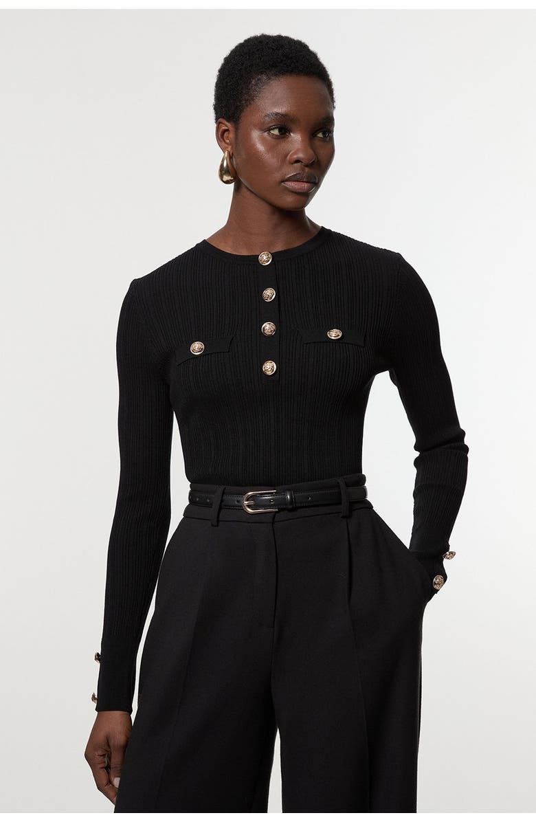 Karen Millen Military Trim Rib Long Sleeve Knit Top, Alternate, color, Black